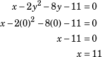 \begin{align*}x-2y^2-8y-11&=0\\x-2(0)^2-8(0)-11&=0\\x-11&=0\\x&=11\end{align*}