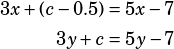 \begin{align*}3x+(c-0.5)&=5x-7\\3y+c&=5y-7\end{align*}
