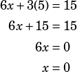 \begin{align*}6x+3(5)&=15\\6x+15&=15\\6x&=0\\x&=0\end{align*}