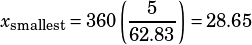 \begin{align*}x_\text{smallest}=360\left(\dfrac{5}{62.83}\right)=28.65\end{align*}