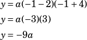 \begin{align*}y&=a(-1-2)(-1+4)\\y&=a(-3)(3)\\y&=-9a\end{align*}
