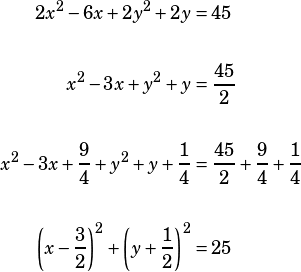 \begin{align*}2x^2-6x+2y^2+2y&=45\\\\x^2-3x+y^2+y&=\dfrac{45}{2}\\\\x^2-3x+\dfrac{9}{4}+y^2+y+\dfrac{1}{4}&=\dfrac{45}{2}+\dfrac{9}{4}+\dfrac{1}{4}\\\\\left(x-\dfrac{3}{2}\right)^2+\left(y+\dfrac{1}{2}\right)^2&=25\end{align*}