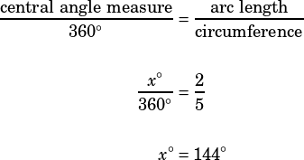 \begin{align*}\dfrac{\text{central angle measure}}{360^\circ}&=\dfrac{\text{arc length}}{\text{circumference}}\\\\\dfrac{x^\circ}{360^\circ}&=\dfrac{2}{5}\\\\x^\circ&=144^\circ\end{align*}