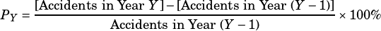 P_Y=\dfrac{\text{[Accidents in Year }Y]-\text{[Accidents in Year }(Y-1)]}{\text{Accidents in Year }(Y-1)}\times 100\%