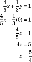 \begin{align*}\dfrac{4}{5}x+\dfrac{1}{3}y&=1\\\dfrac{4}{5}x+\dfrac{1}{3}(0)&=1\\\dfrac{4}{5}x&=1\\4x&=5\\x&=\dfrac{5}{4}\end{align*}