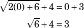 \begin{align*}\sqrt{2(0)+6}+4&=0+3\\\sqrt{6}+4&=3\end{align*}