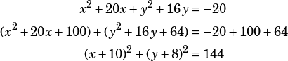 \begin{align*}x^2+20x+y^2+16y&=-20\\(x^2+20x+100)+(y^2+16y+64)&=-20+100+64\\(x+10)^2+(y+8)^2&=144\end{align*}