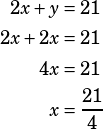 \begin{align*}2x+y&=21\\2x+2x&=21\\4x&=21\\x&=\dfrac{21}{4}\end{align*}