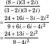 \begin{align*}&\dfrac{(8-i)(3+2i)}{(3-2i)(3+2i)}\\=&\dfrac{24+16i-3i-2i^2}{9+6i-6i-4i^2}\\=&\dfrac{24+13i-2i^2}{9-4i^2}\end{align*}
